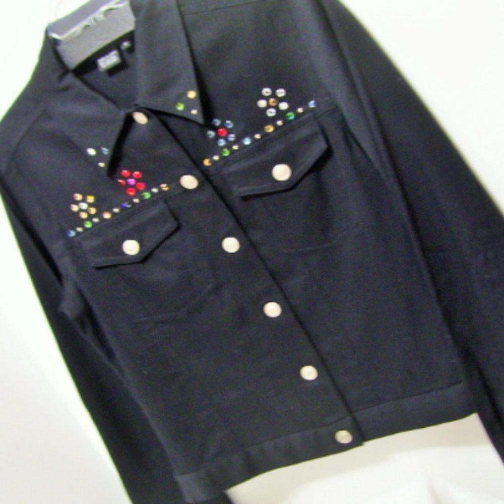 Carole Little Black Jean Jacket Bling Stones Size 6 Nwot